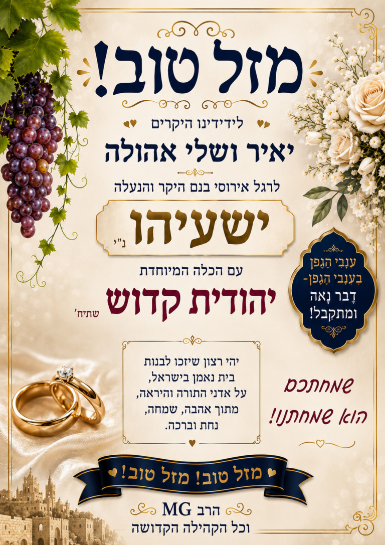 Flyer: Mazal tov — Yair & Shelly Ahulah (dedicated flyer)