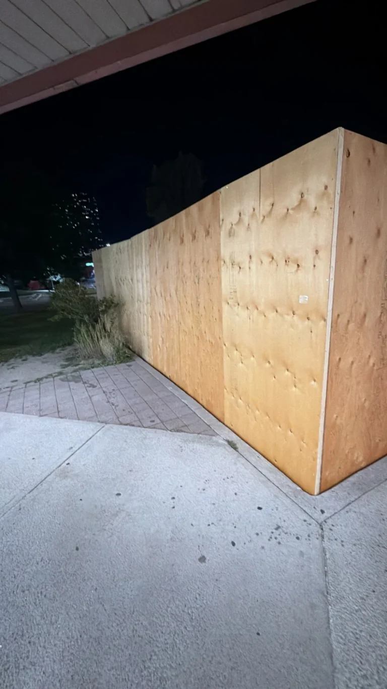 The finished sukkah walls outside the Centre at night