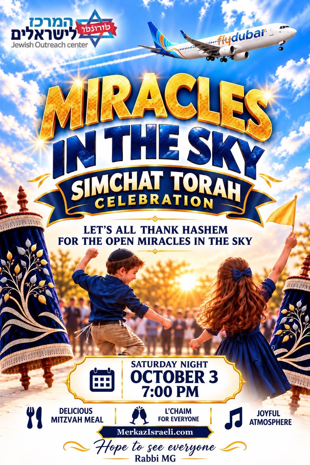 Miracles in the Sky: Simchat Torah celebration flyer, Saturday night 3 October at 7:00pm